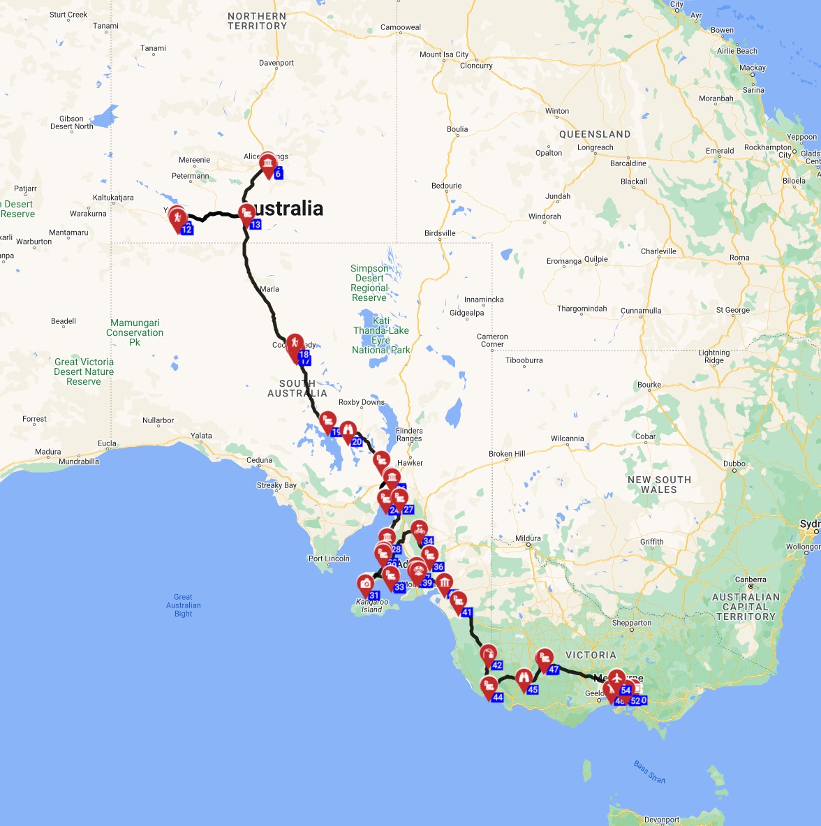 Map for Alice Springs to Melbourne - From Outback Wonders to Urban Delights